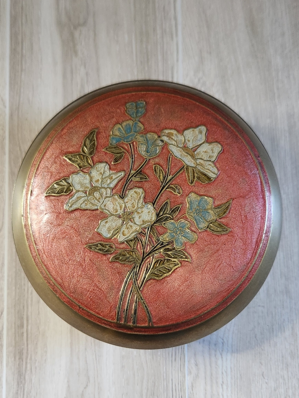 Vintage Brass Trinket Box Cloisonne Floral Enamel Made in India 4.75" Round